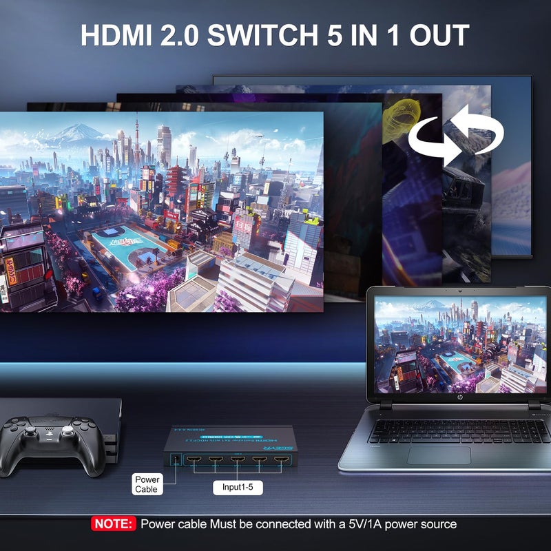SGEYR 4K HDMI Switcher 5x1 with IR Remote, High-Speed 5 Port HDMI Selector Box 4K@60Hz Support HDR HDCP2.2 for PS5, Xbox, Roku, Fire Stick - Streamline Your Gaming Setup(Black) - Image 2